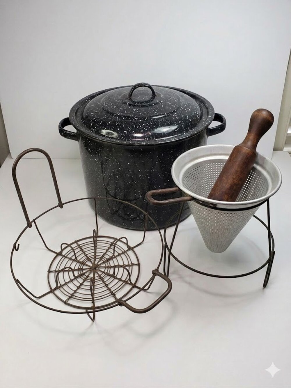 Complete Vintage Homestead Canning Set Graniteware Pot, Sieve, & Wood Pestle